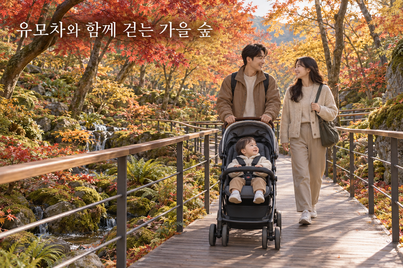 가을 숲 데크길에서 유모차와 함께 산책하는 가족