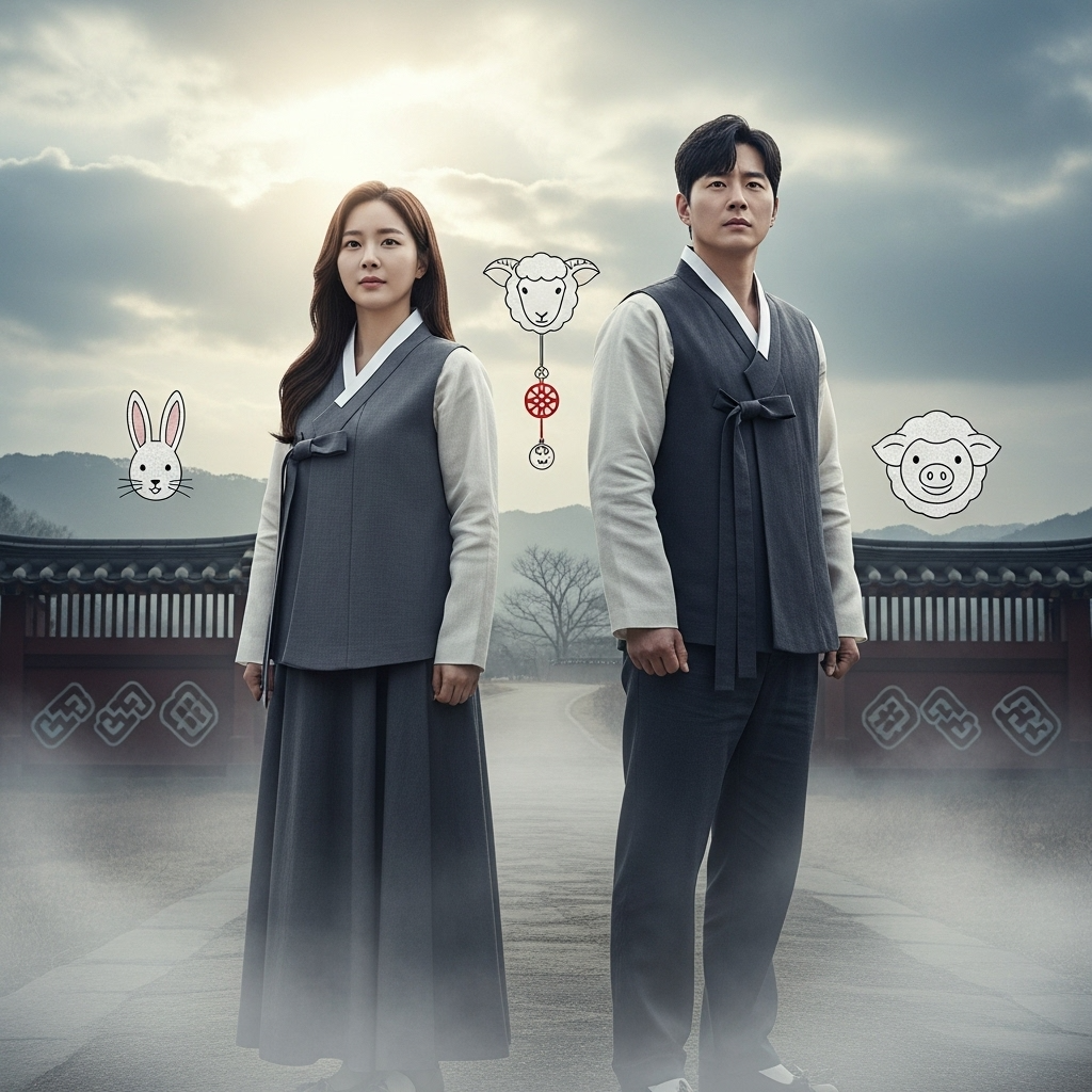 2026년 눌삼재를 맞이하는 토끼띠, 양띠, 돼지띠 남녀가 위기를 기회로 바꾸는 듯 희망찬 표정으로 앞을 향해 나아가는 모습