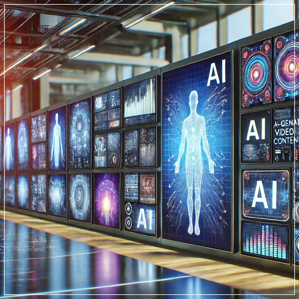AI가 생성한 광고 영상이 대형 디지털 스크린에 표시되는 AI 기반 광고 에이전시