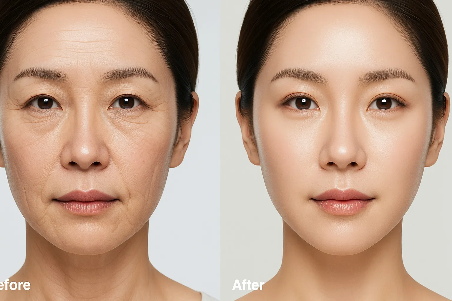"콜라겐 영양제 섭취 전후 여성 피부 상태 비교, 주름과 탄력 개선 차이를 보여주는 이미지"