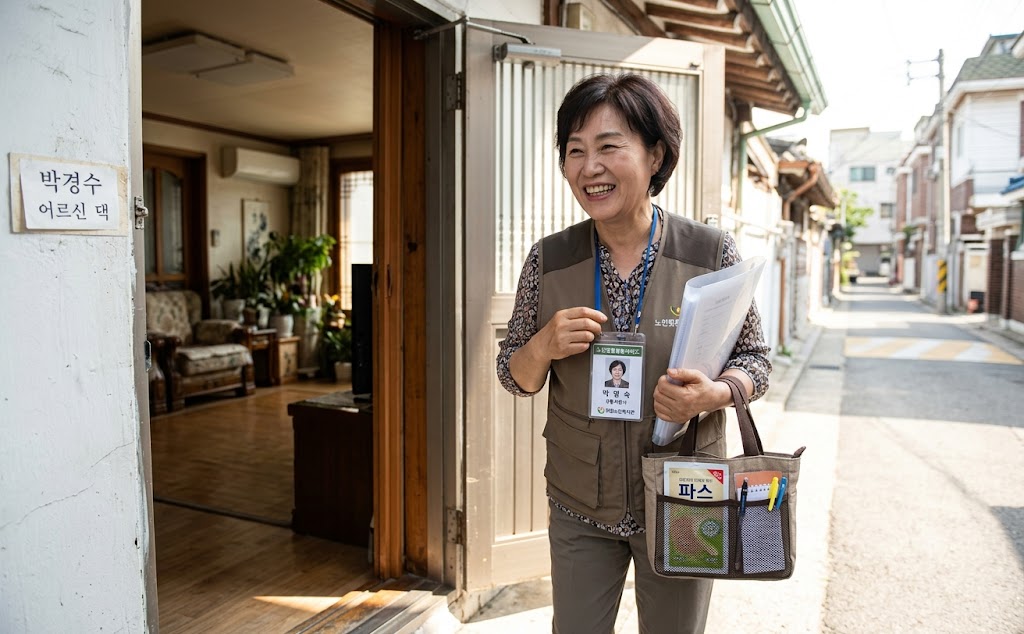 명찰을 걸고 준비물을 챙겨 어르신댁을 방문하는 생활지원사