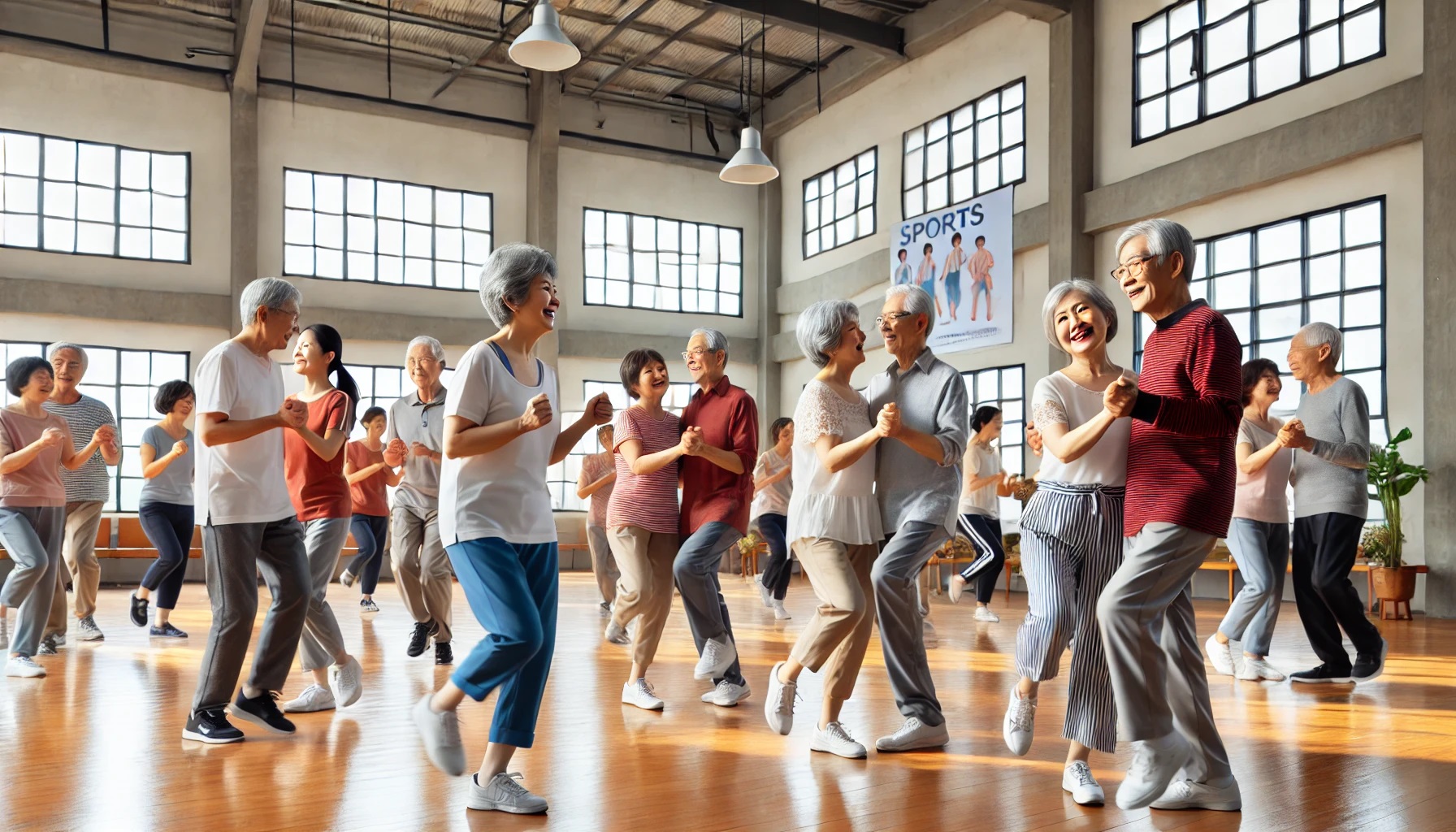 복지관에서 스포츠댄스 실습하는 장면