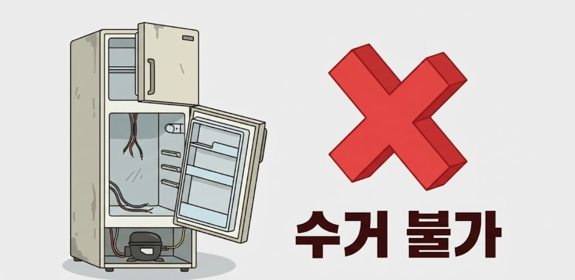 부품이 빠진 냉장고와 수거 거절