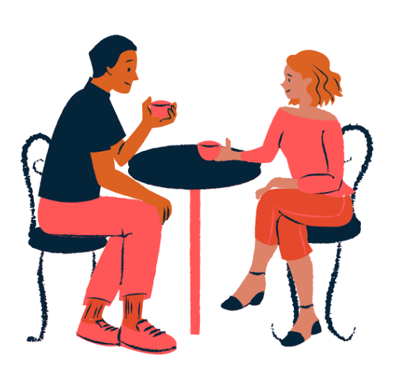 심플한 드로잉 스타일로 표현된 로맨틱한 카페 데이트 장면. 회차마다 새로운 남친과 테마가 업데이트되는 가상 현실 데이트 플랫폼 홍보 그래픽.