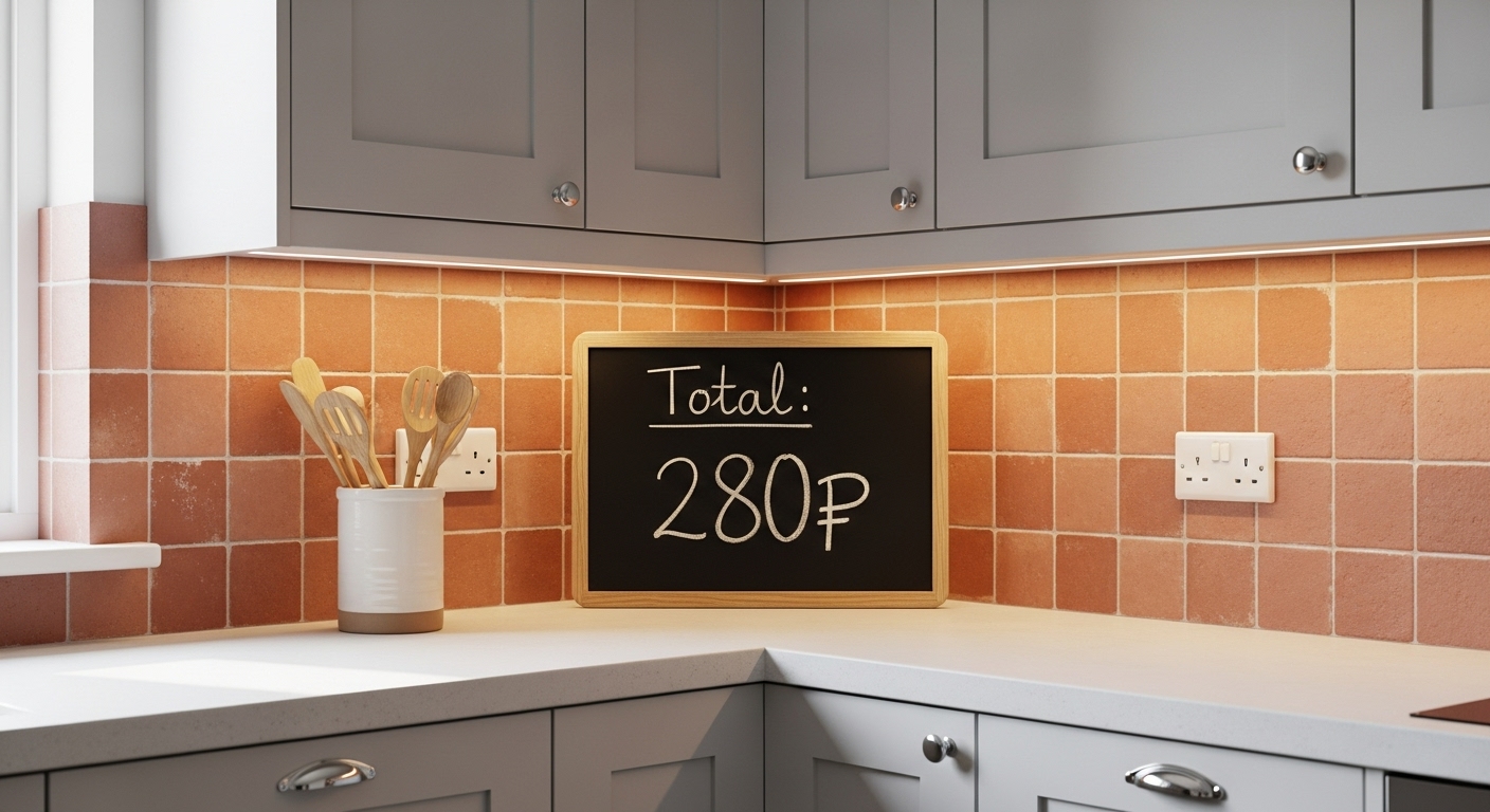 셀프 리모델링을 마친 깔끔한 주방 코너에 280만원 예산이 적힌 메모가 놓여 있는 모습.