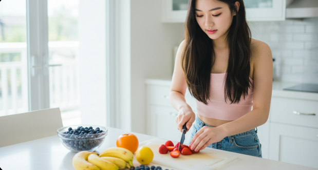 깨끗하게 씻은 딸기와 블루베리, 바나나 등 다양한 과일이 도마 위에 놓여 손질