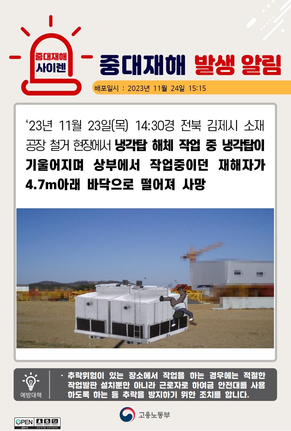 냉각탑 해체 작업 중 냉각탑이 기울어지며 떨어짐(4.7m)