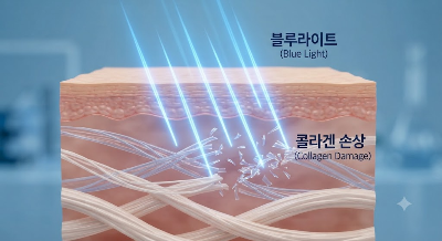 "자외선과 블루라이트의 피부 노화 경로 비교 일러스트"
