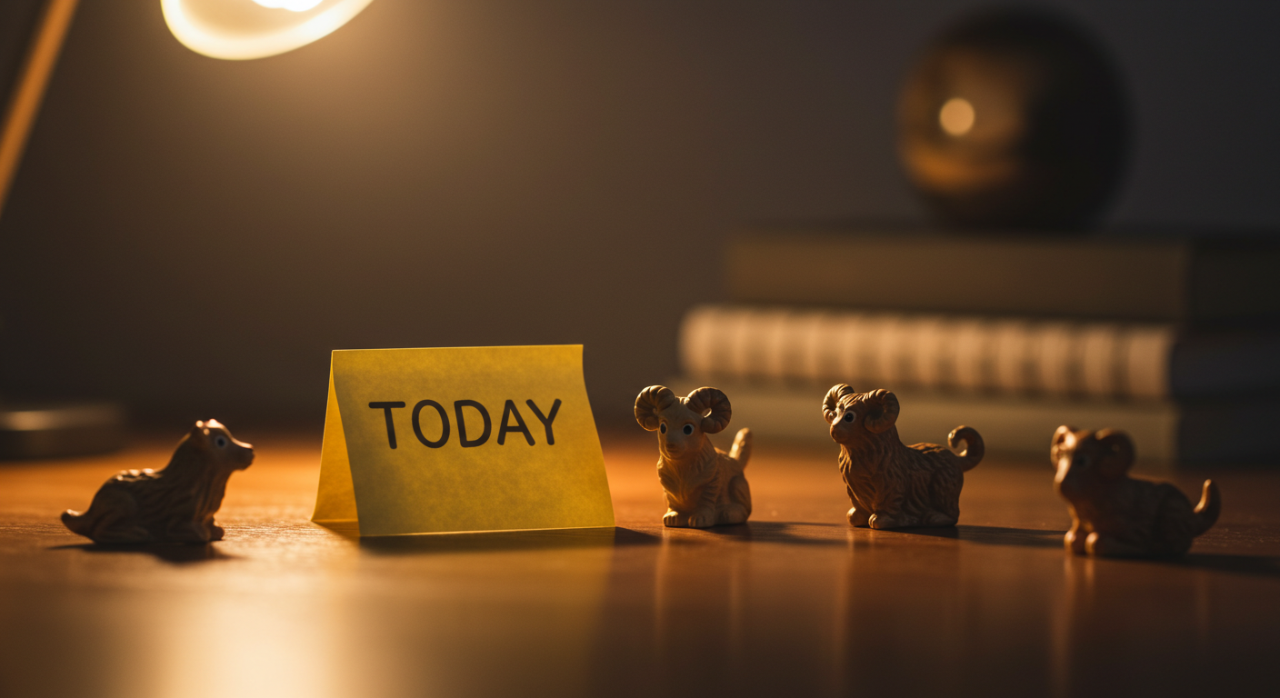 책상 위 미니어처 별자리 피규어와 작은 메모지, 연필을 틸트쉬프트로 촬영한 대표 이미지