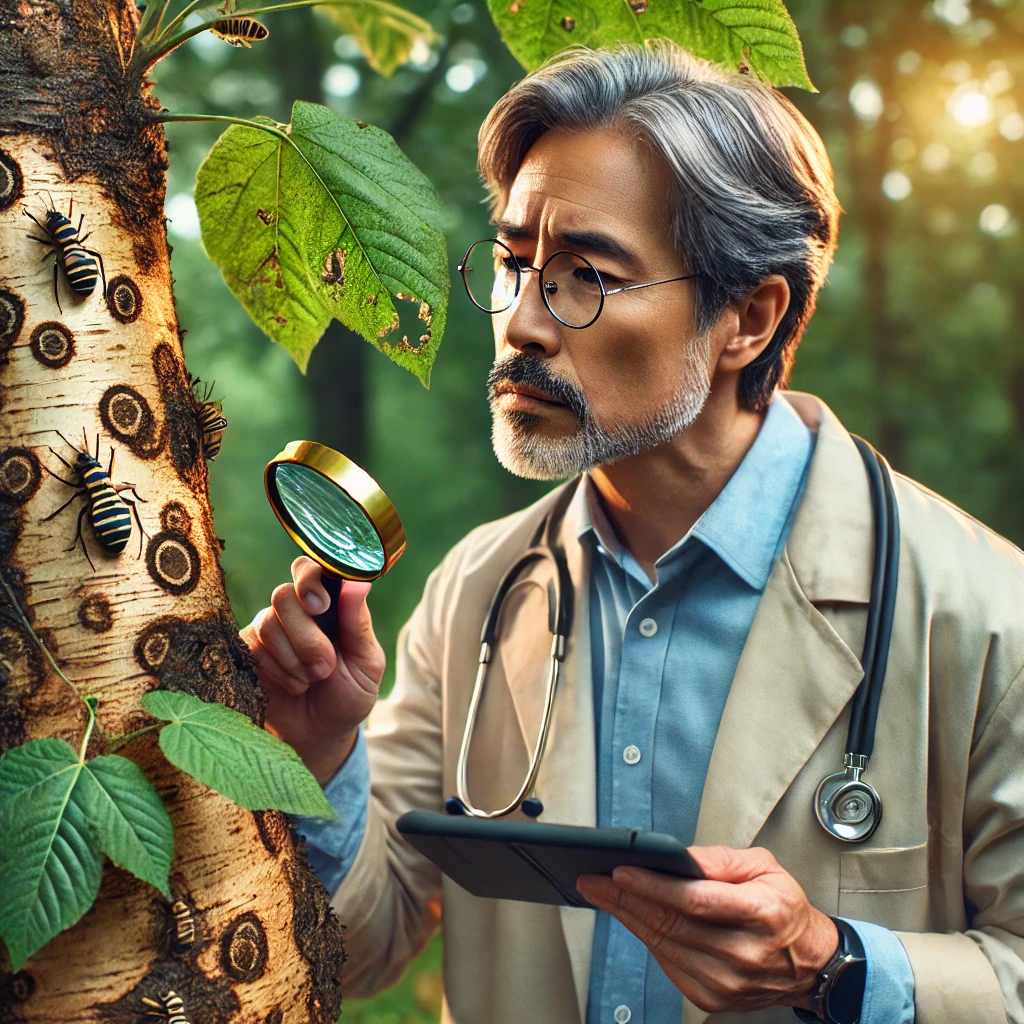 수목 해충을 관찰 중인 중장년 남성 나무의사, 현장 진단 장면