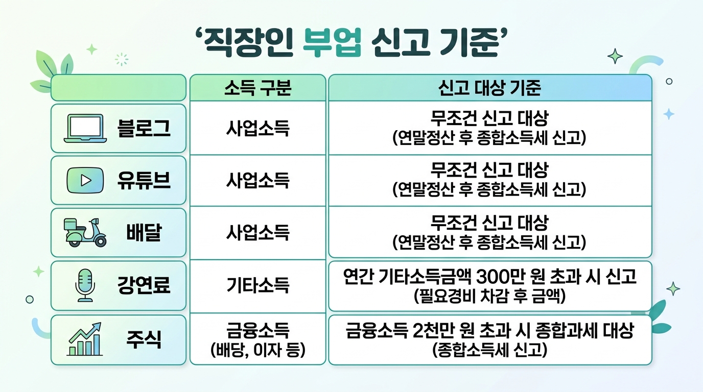 직장인 부업 종합소득세 신고 기준 유형별 비교 인포그래픽