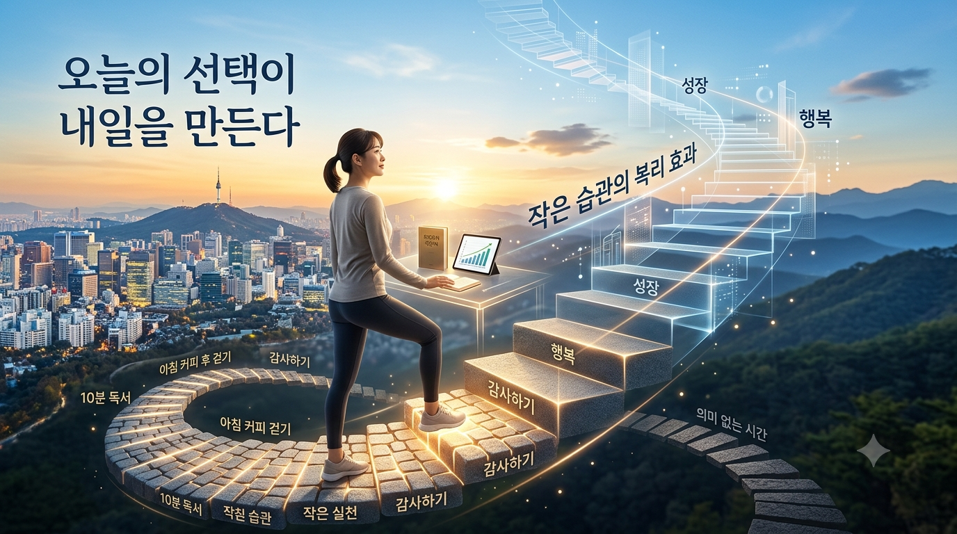 작은 선택과 좋은 습관이 쌓여 성장하는 과정을 표현한 자기계발 이미지