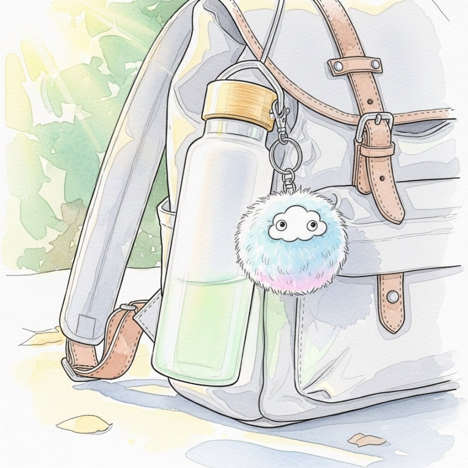 가방에 걸린 귀여운 키링과 세련된 텀블러의 부드러운 수채화 드로잉