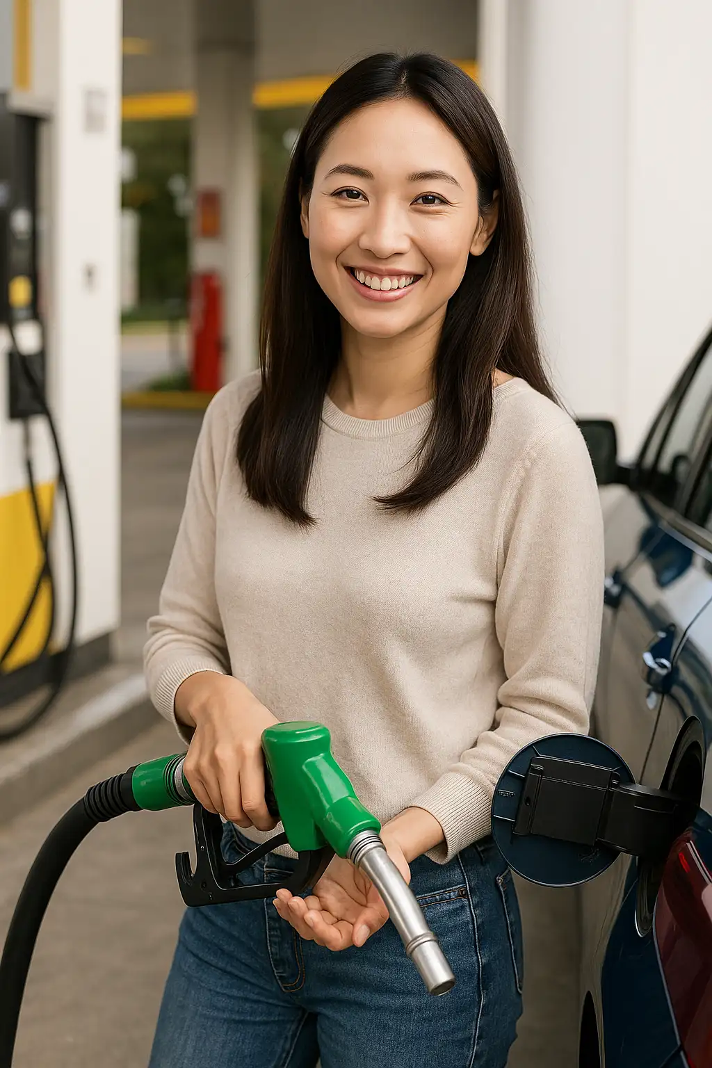 주유소에서 차량에 주유 중인 여성