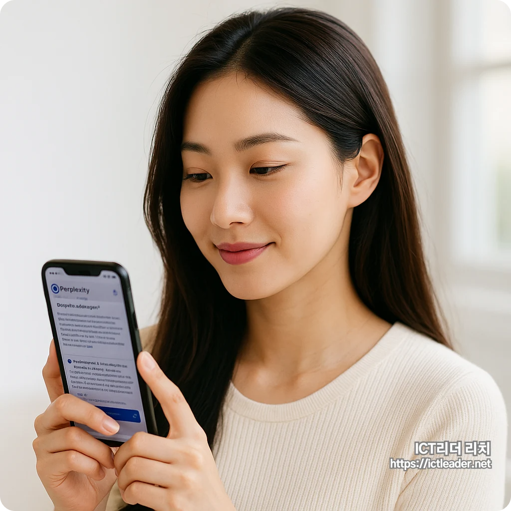 Perplexity AI를 모바일로 검색하는 세련된 여성의 브랜드 이미지 느낌의 대표 썸네일
