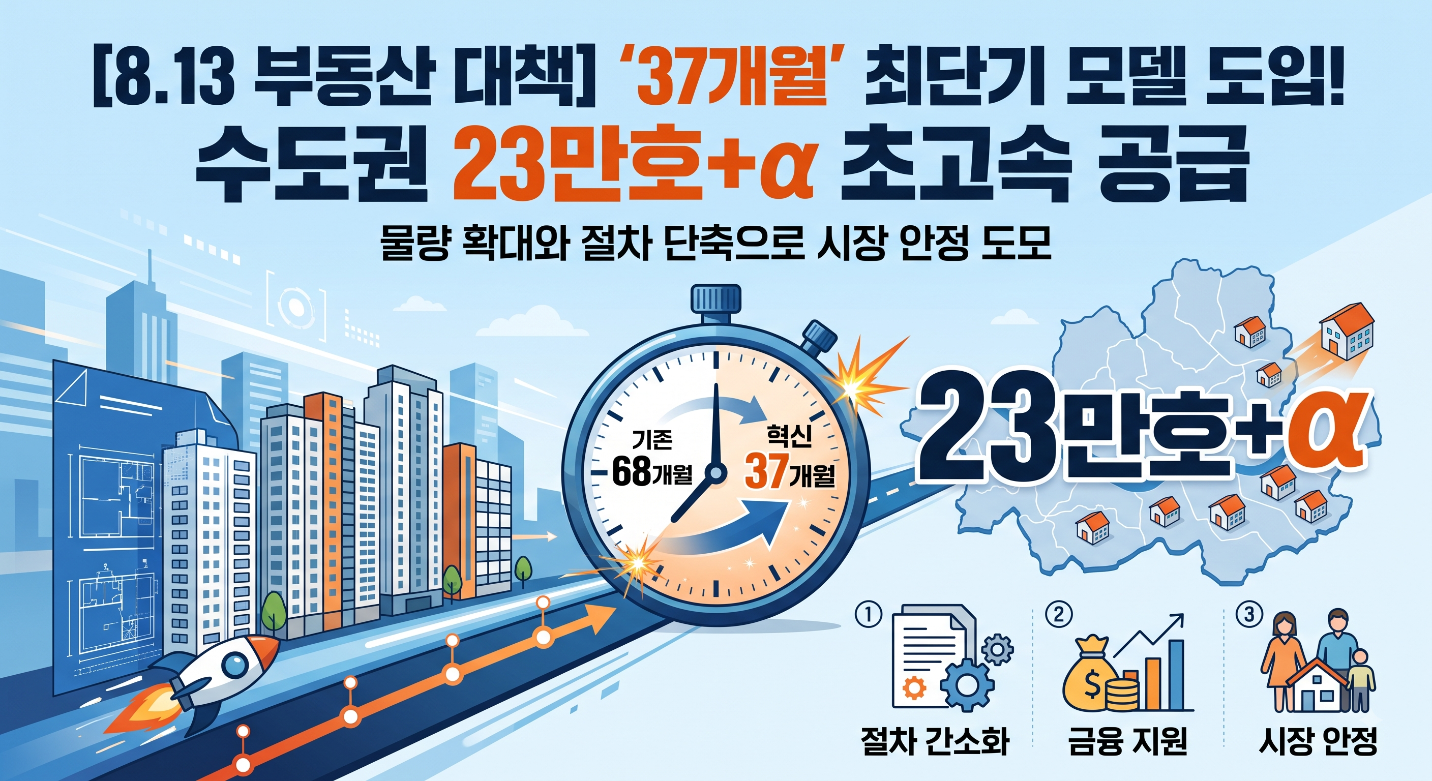[8.13 부동산 대책] 수도권 23만호 초고속 공급을 위한 '37개월' 최단기 모델 도입을 설명하는 인포그래픽입니다. 절차 단축, 금융 지원, 시장 안정을 핵심 내용으로 담고 있습니다.