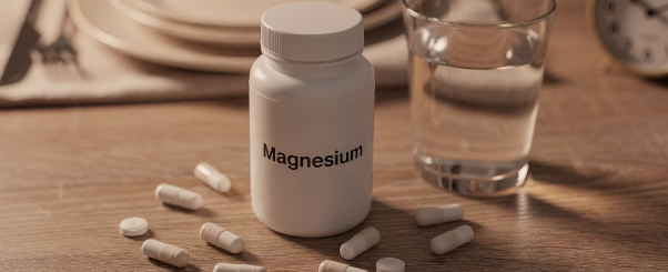 저녁 식탁 위 마그네슘 보충제와 물잔