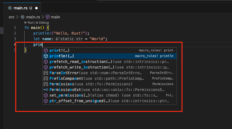 VS Code에서 Rust 코드 작성 시 IntelliSense 자동완성 기능 화면