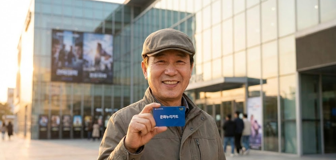 2026년 문화누리카드를 들고 영화관 앞에서 환하게 웃고 있는 남성의 모습