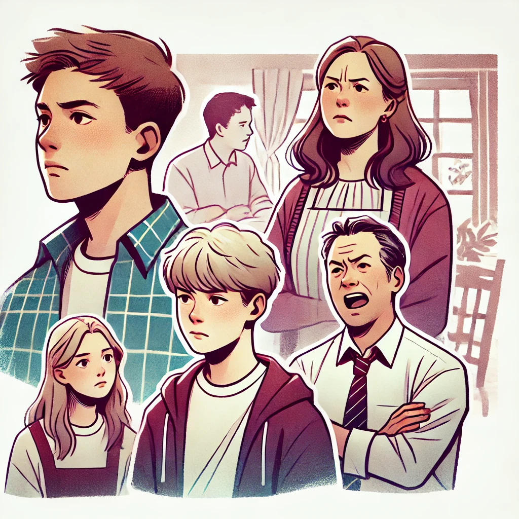 가족간에 무심한 아들, 삐진 딸 그리고 화가난 엄마 아빠
가족간의 갈등을 보여주고 있다