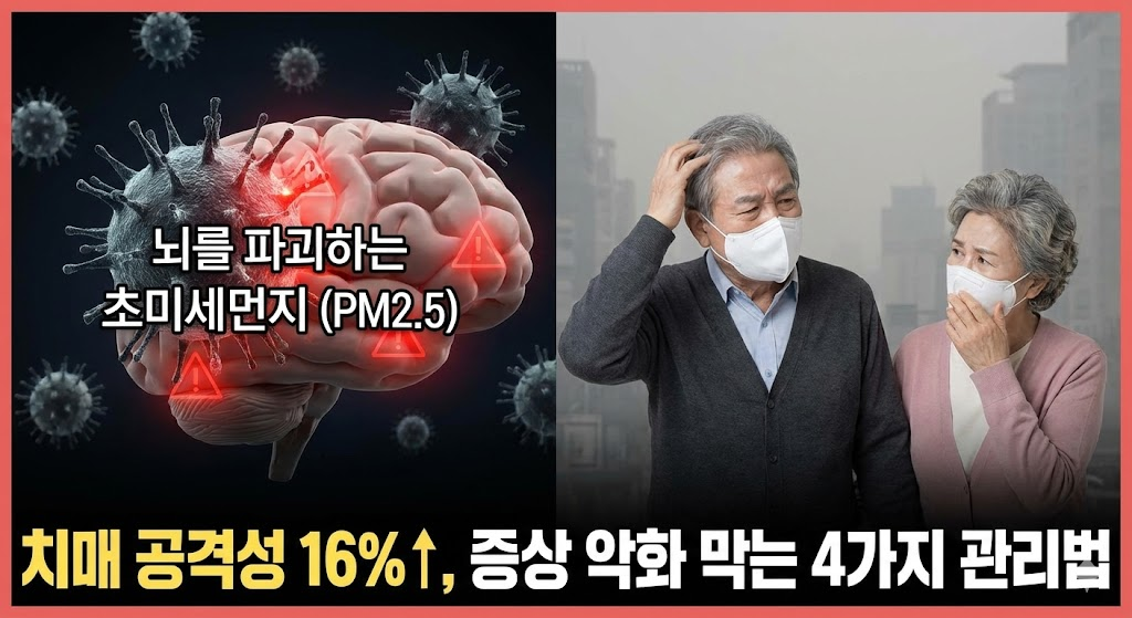 뇌를 공격하는 초미세먼지(PM2.5) 그래픽과 마스크를 쓴 노부부 사진을 조합하여 치매 공격성 증가 위험과 관리법을 알리는 썸네일 이미지.