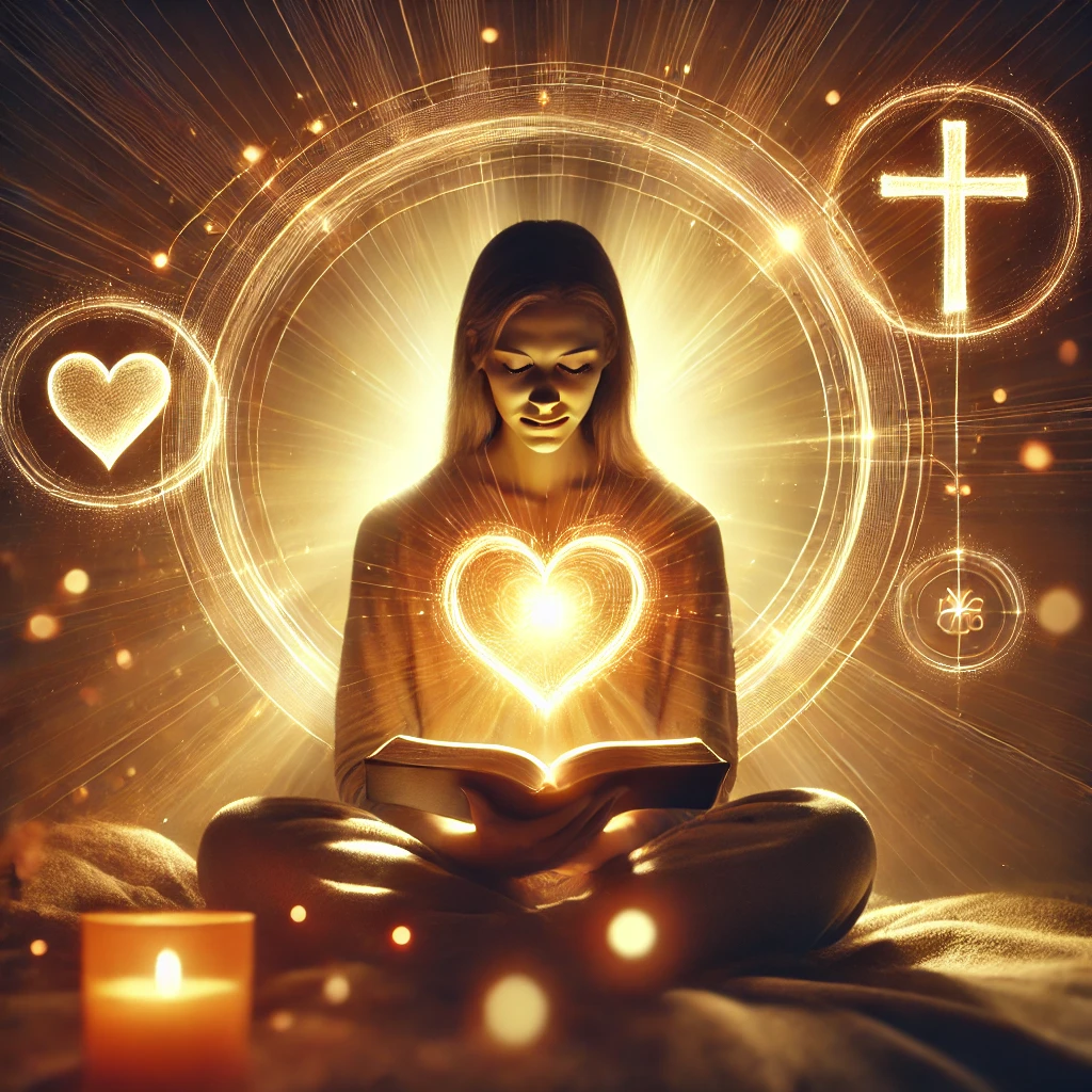 Here is the image depicting a person in peaceful reflection, meditating on the love of Christ with an open Bible, surrounded by the warmth of God's presence. The scene symbolizes a deep connection with Jesus, as the person experiences gratitude and the fullness of God's love.