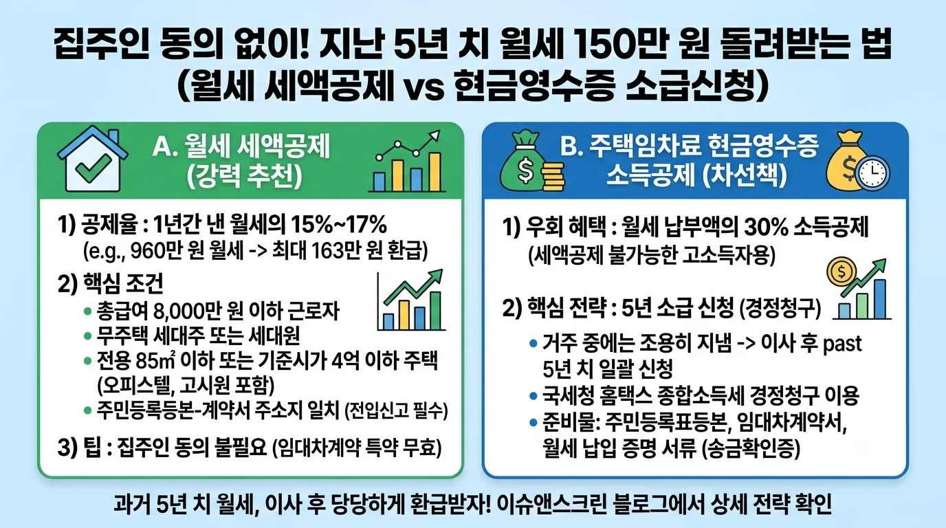 월세 세액공제와 주택임차료 현금영수증 소득공제 환급액 비교표