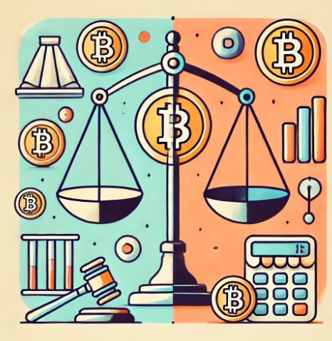 비트코인 그림과 규제를 뜻하는 법봉, 사용처를 뜻하는 계산기가 그려진 그림