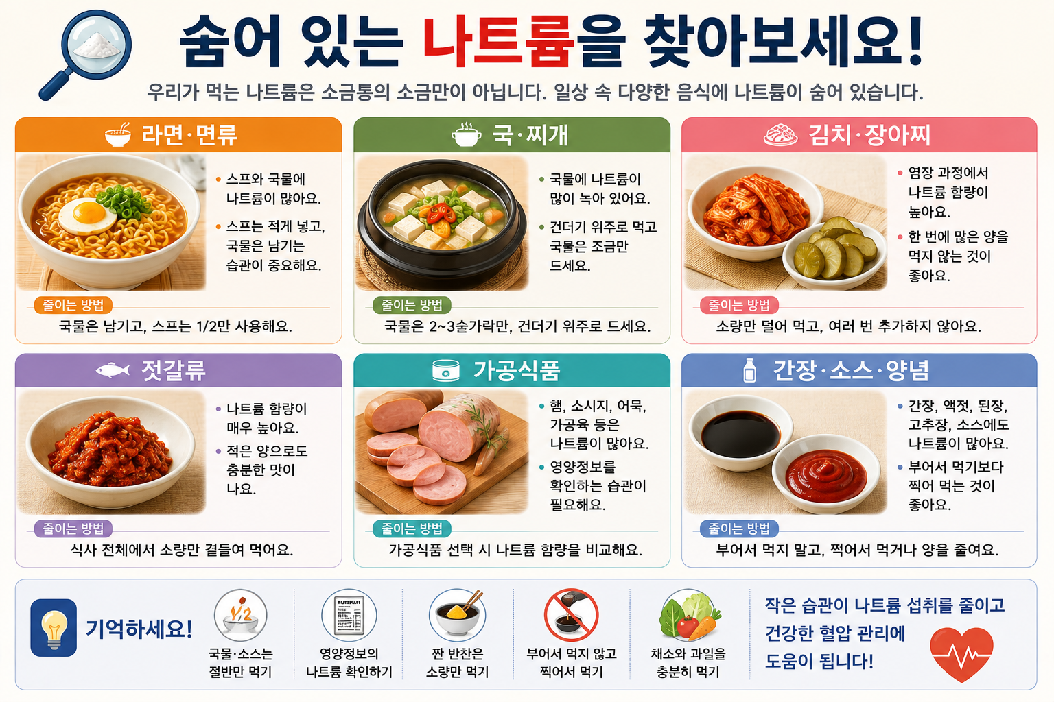 국물&middot;염장 식품&middot;소스 등 식사에서 나트륨을 줄일 부분을 찾는 그림