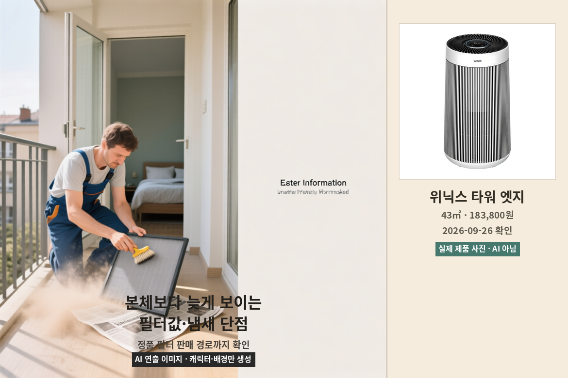 발코니에서 프리필터 먼지를 관리하는 장면과 위닉스 타워 엣지 실제 제품 사진