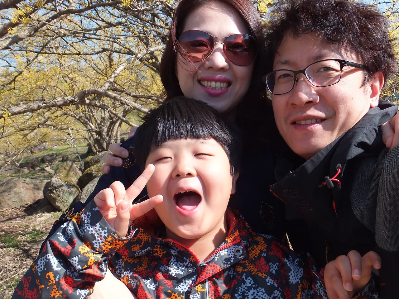 산수유 꽃 앞 가족사진