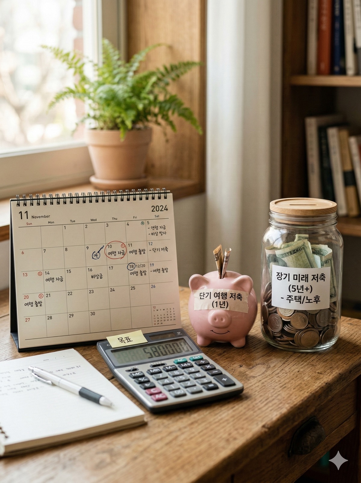 달력, 계산기, 그리고 저금통 두 개가 나란히 놓여 있어 기간과 목적이 다른 두 가지 저축 방식을 상징하는 모습
