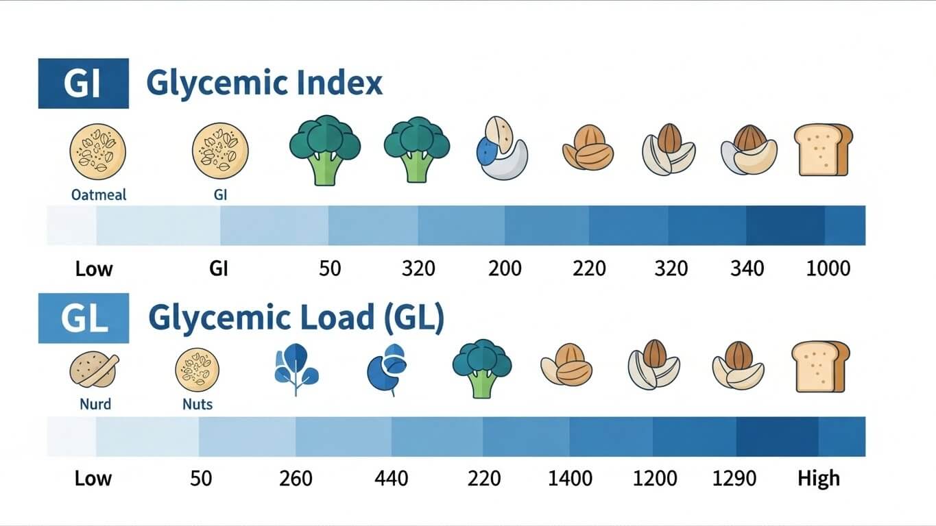오트밀, 브로콜리, 견과류, 식빵 등 식품의 GI 지수와 GL 지수를 단계별 색상으로 비교한 인포그래픽