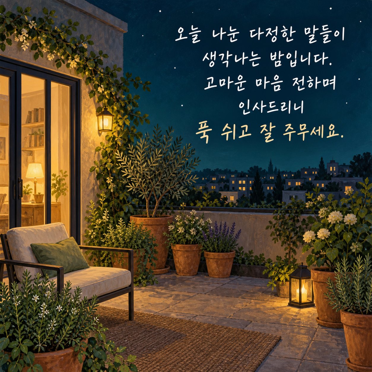 잠들기 전 편안한 밤 인사 이미지 30 — 오늘 나눈 다정한 말들이 생각나는 밤입니다. 고마운 마음 전하며 인사드리니 푹 쉬고 잘 주무세요.