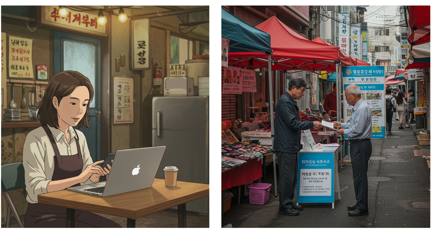 온라인 신청하는 여성과 시장 안내 부스에서 설명 듣는 어르신
