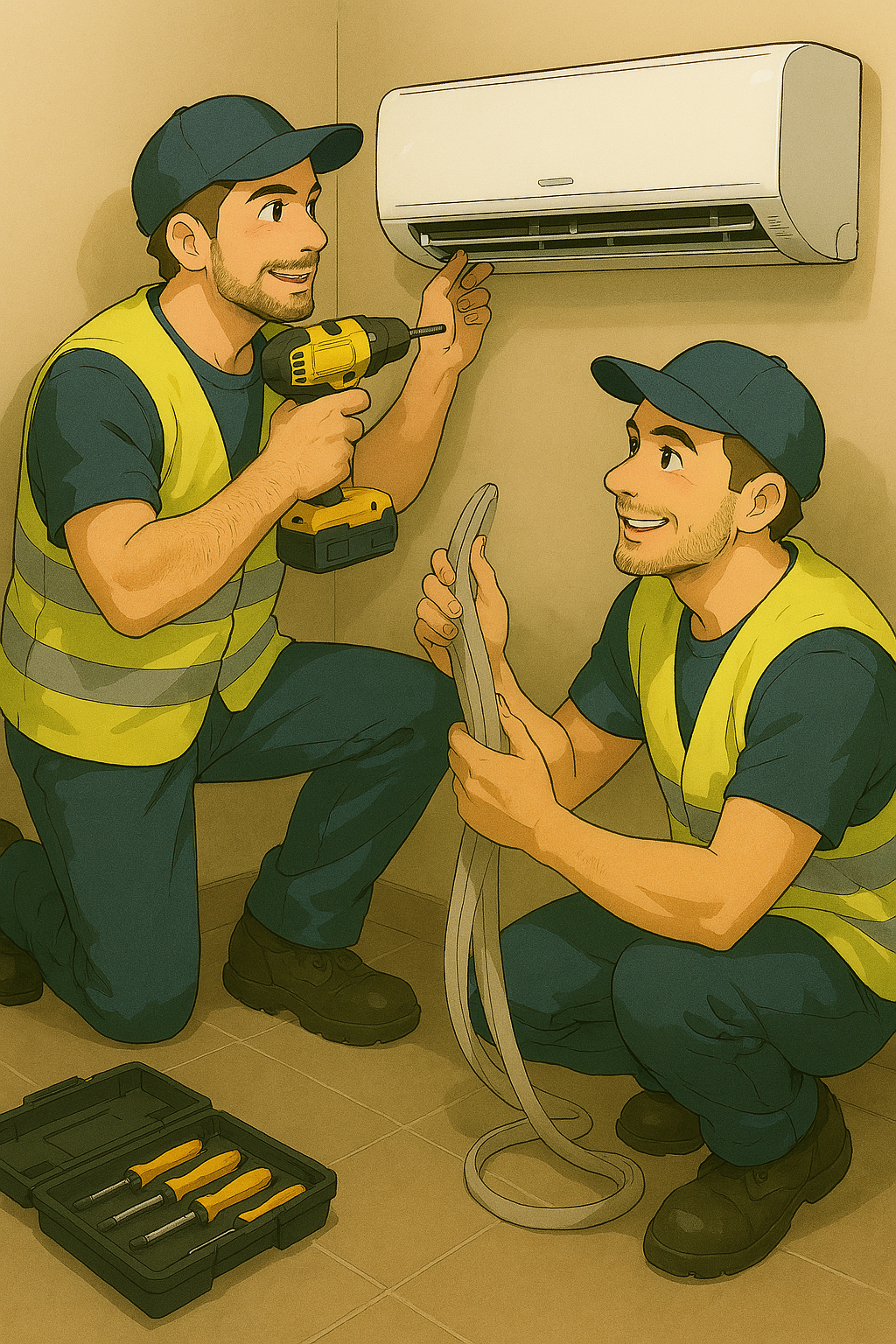 에어컨 설치하는 작업자 2인 일러스트