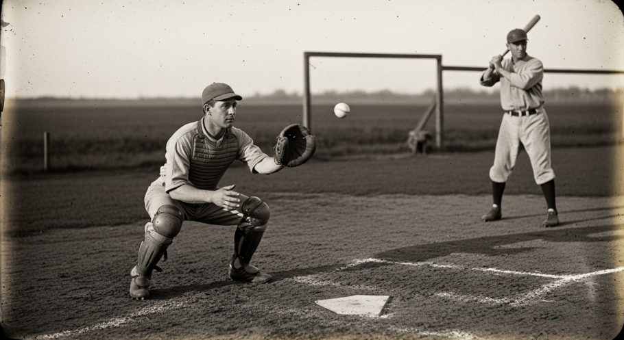 초기 야구 포수가 현대식 보호 장비 없이 타자 뒤에서 멀찍이 서서 공을 받는 모습.