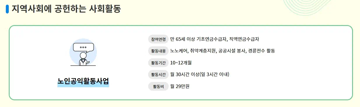 노인일자리는 지역사회에 공헌하는 사회활동도 한다는 문구를 갖춘 이미지