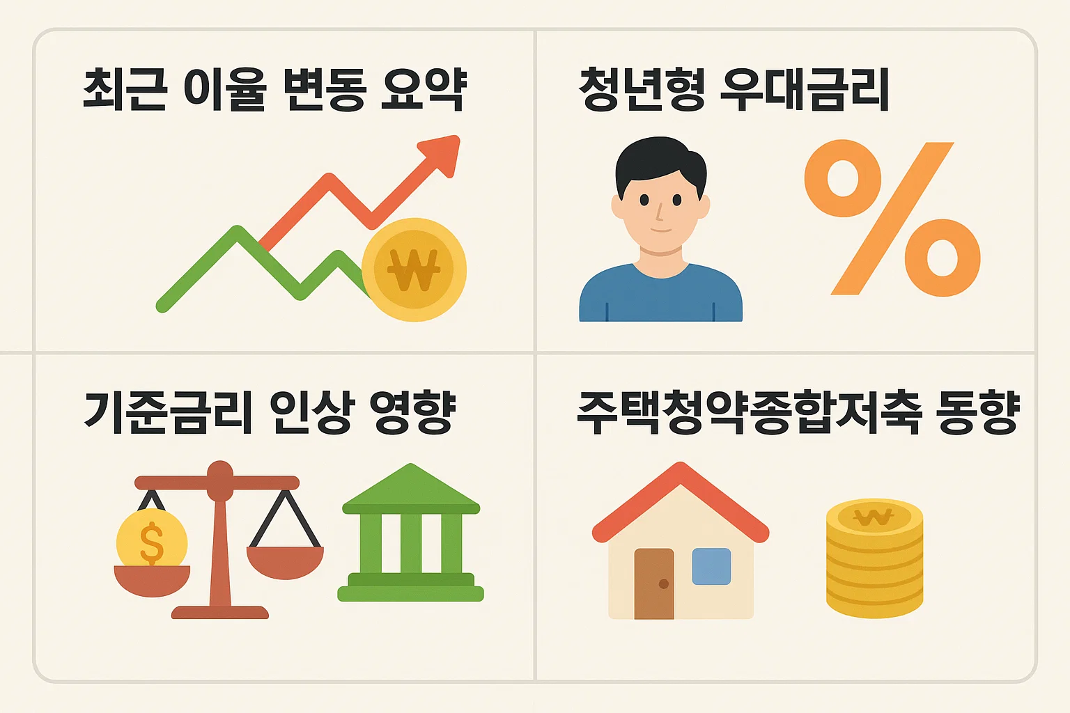 최근 금리 변동 추이, 청년형 우대금리, 기준금리 인상 영향, 주택청약종합저축 동향을 정리한 인포그래픽