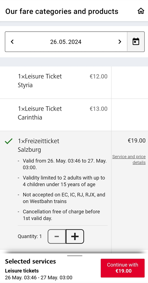 &Ouml;BB앱에서 잘츠부르크 4인가족 대중교통 티켓 발권하기