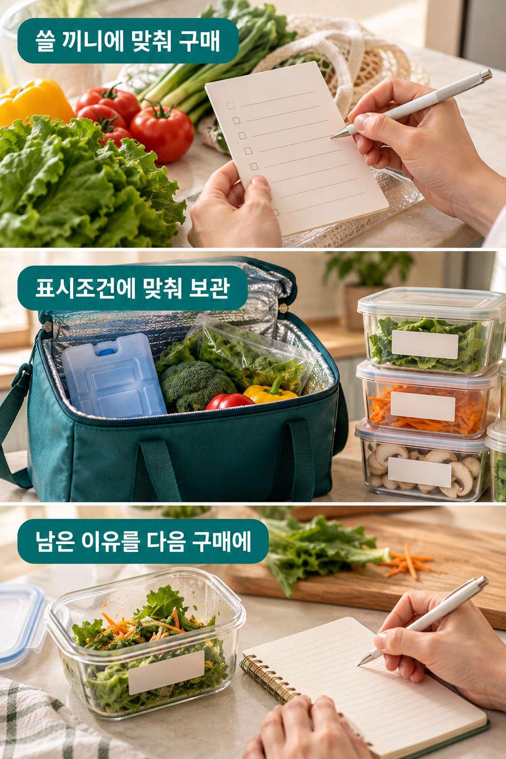 구매목록과 보냉가방, 내용이 표시된 소분용기로 장보기의 연결을 나타낸 장면