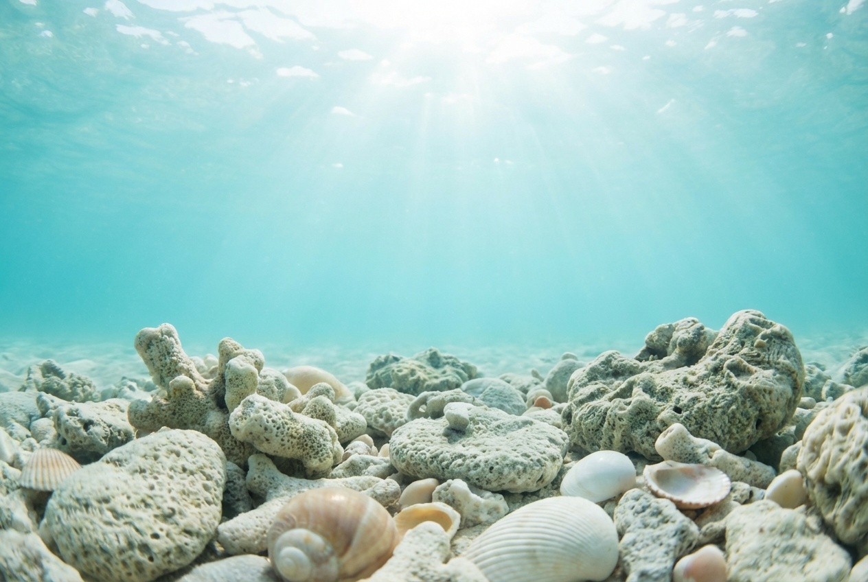 에메랄드빛 바닷속 바닥에 산호와 조개가 햇살을 받으며 보이는 장면으로, 바다에서 온 코랄칼슘의 자연스러운 이미지를 강조한 사진
