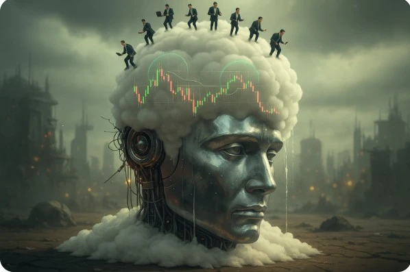 불안정한 주식 차트가 거품 사이로 보이며, 불안하고 위태로운 투자자들을 표현한 이미지