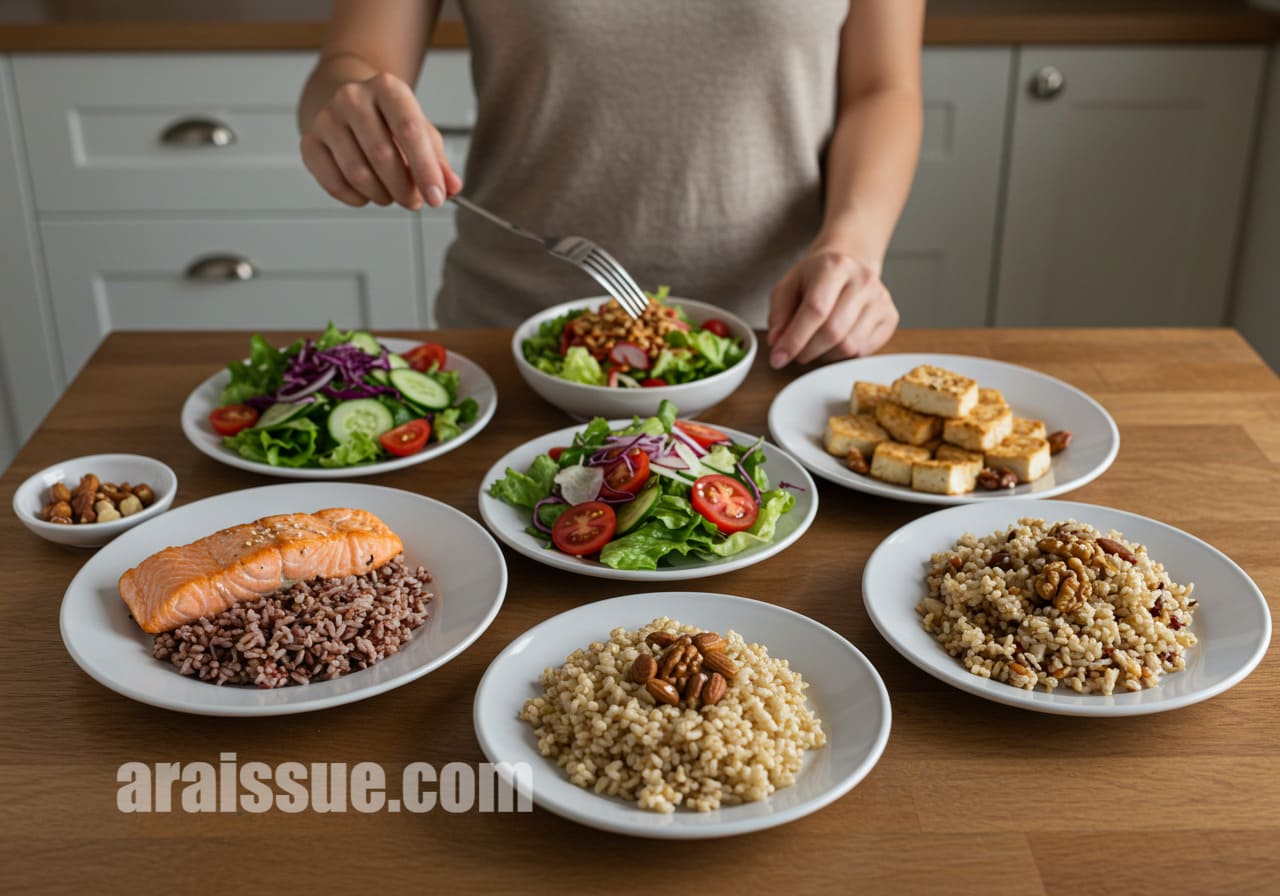 현대식 식탁 위에 일주일치 식단이 나열된 접시들이 깔끔하게 배열되어 있고,
50대 여성의 손이 포크를 집으려는 모습이 자연스럽게 포함됩니다.