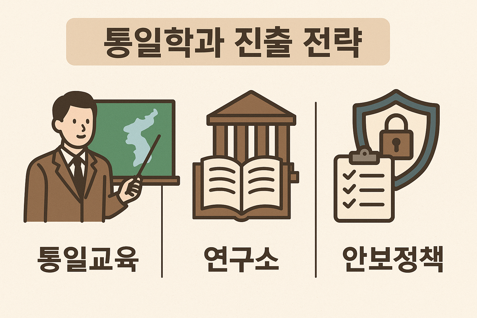 통일학과 진출 전략 인포그래픽. 왼쪽부터 통일교육을 상징하는 교사와 한반도 지도, 연구소를 나타내는 책과 기둥, 안보정책을 나타내는 자물쇠와 체크리스트 아이콘이 순서대로 배치되어 있음.
