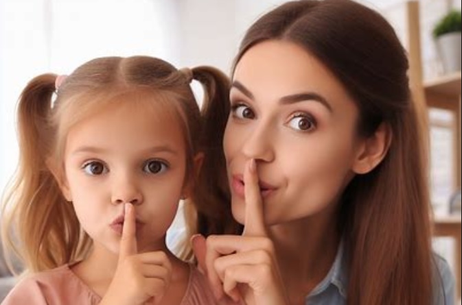 귀여운 딸에게 쉿 하라고 말하는 엄마의 모습
