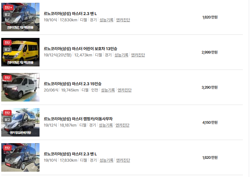 르노코리아 마스터 중고차 가격 시세표 유지비
