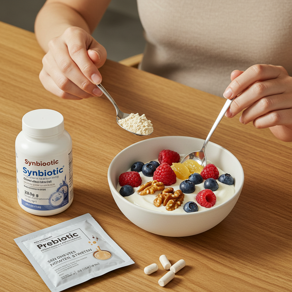 프로바이오틱스 보충제와 프리바이오틱스 분말, 그리고 건강한 그릭 요거트 아침 식사로 신바이오틱스 전략을 실천하는 모습.