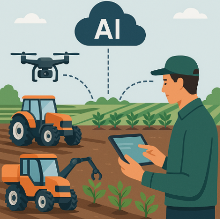 무인 농업 장비를 표현한 인포그래픽. 자율 주행 트랙터, 드론, 수확 로봇이 협업하며 작물을 관리하고, 데이터가 클라우드 AI로 전송되어 농민이 원격으로 확인하는 과정을 시각화한 이미지.