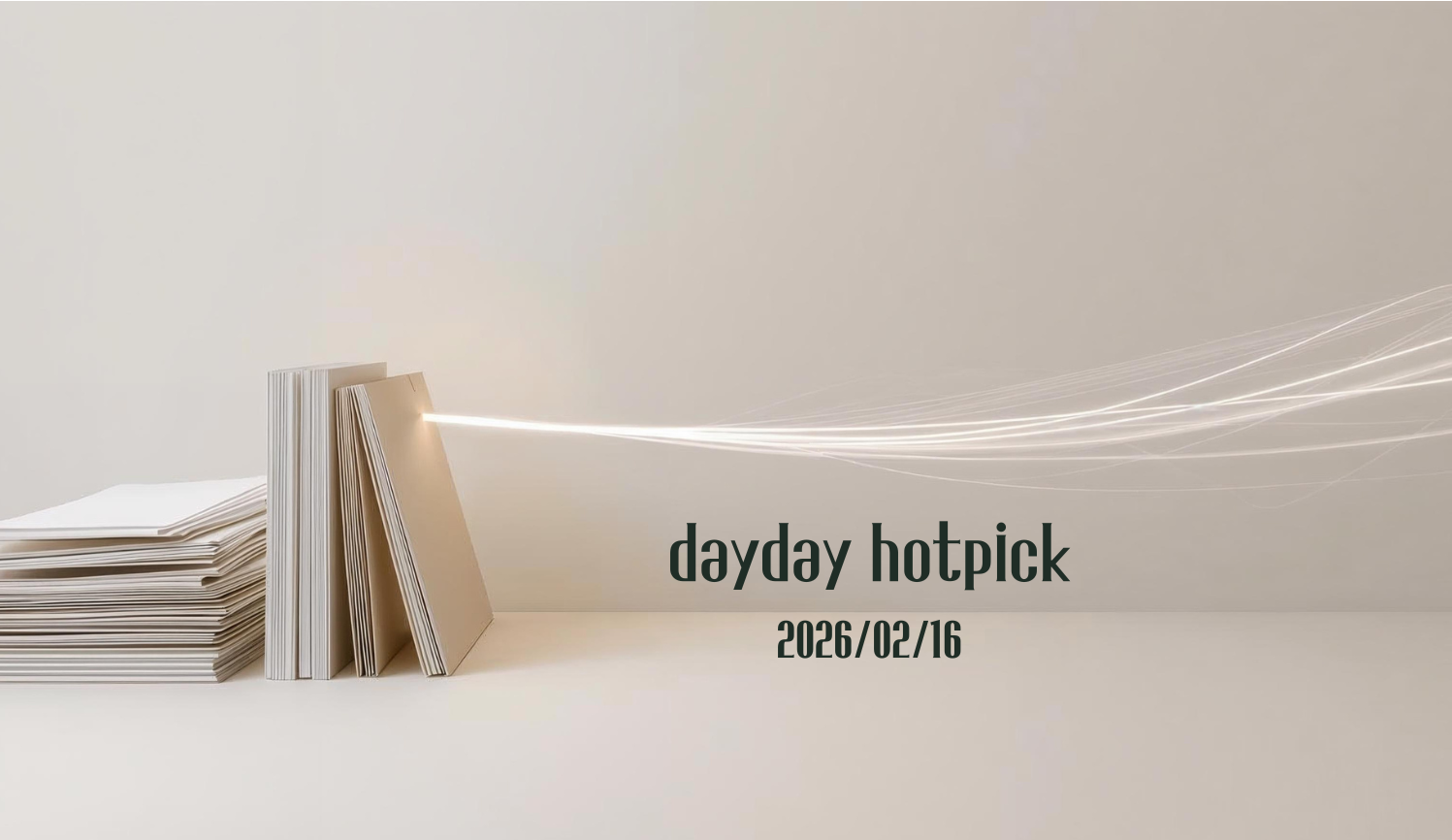 은 배경 위에 가지런히 세워진 하얀 책들과 그 사이를 관통하는 빛의 선, dayday hotpick 2026/02/16 텍스트가 적힌 미니멀한 블로그 대표 이미지"